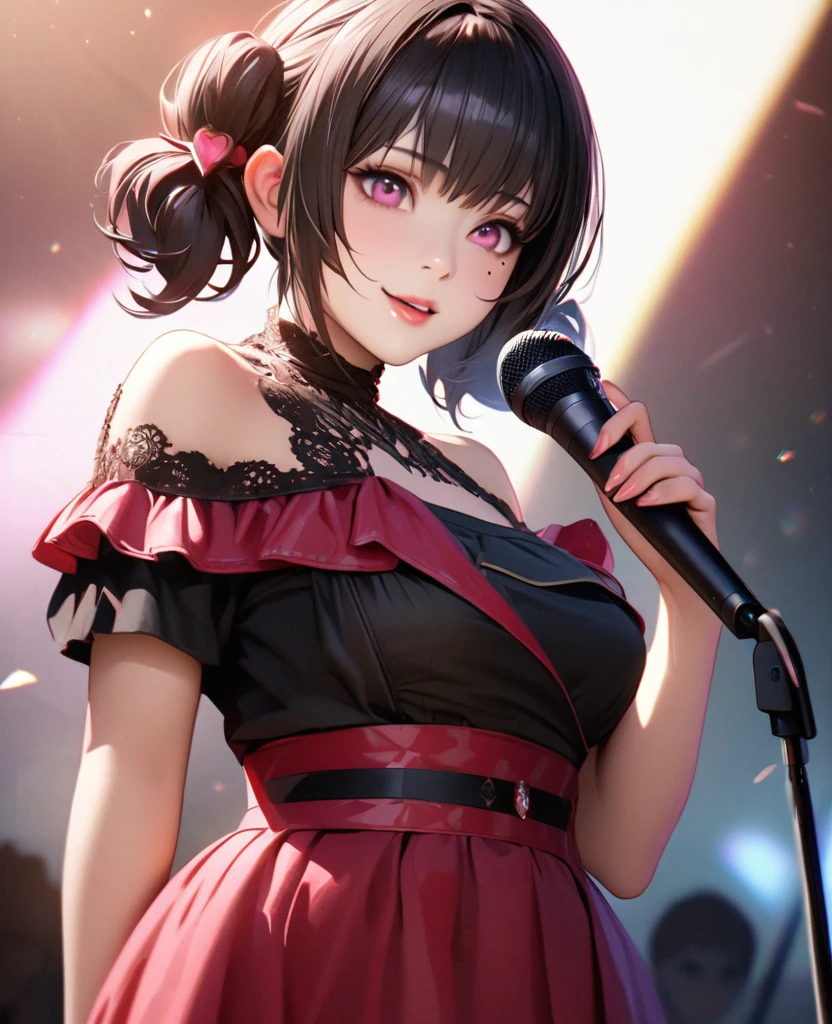 One Girl、Looking at the audience、
Beautiful pink eyes、short twin tail  hair , Mole under the eye、Plump and glossy lips、Heart-shaped choca、Idol、Her name is Rico,smile、With a microphone in handー、。.。.。.。.。.。.。.。.。.。.。.。.。.。.。.。.。.。.3D、Realistic、
off shoulder dress, Drape clothes、gem、The decoration has been removed、Floral、Lace trim,On a glittering stage、
masterpiece、highest quality、8k、Detailed skin texture、Detailed cloth texture、Beautifully detailed face、Intricate details、Very detailed、
超A high resolution、8k Ultra HD、Film Grain、Best Shadow、delicate、Gazing at the audience、front