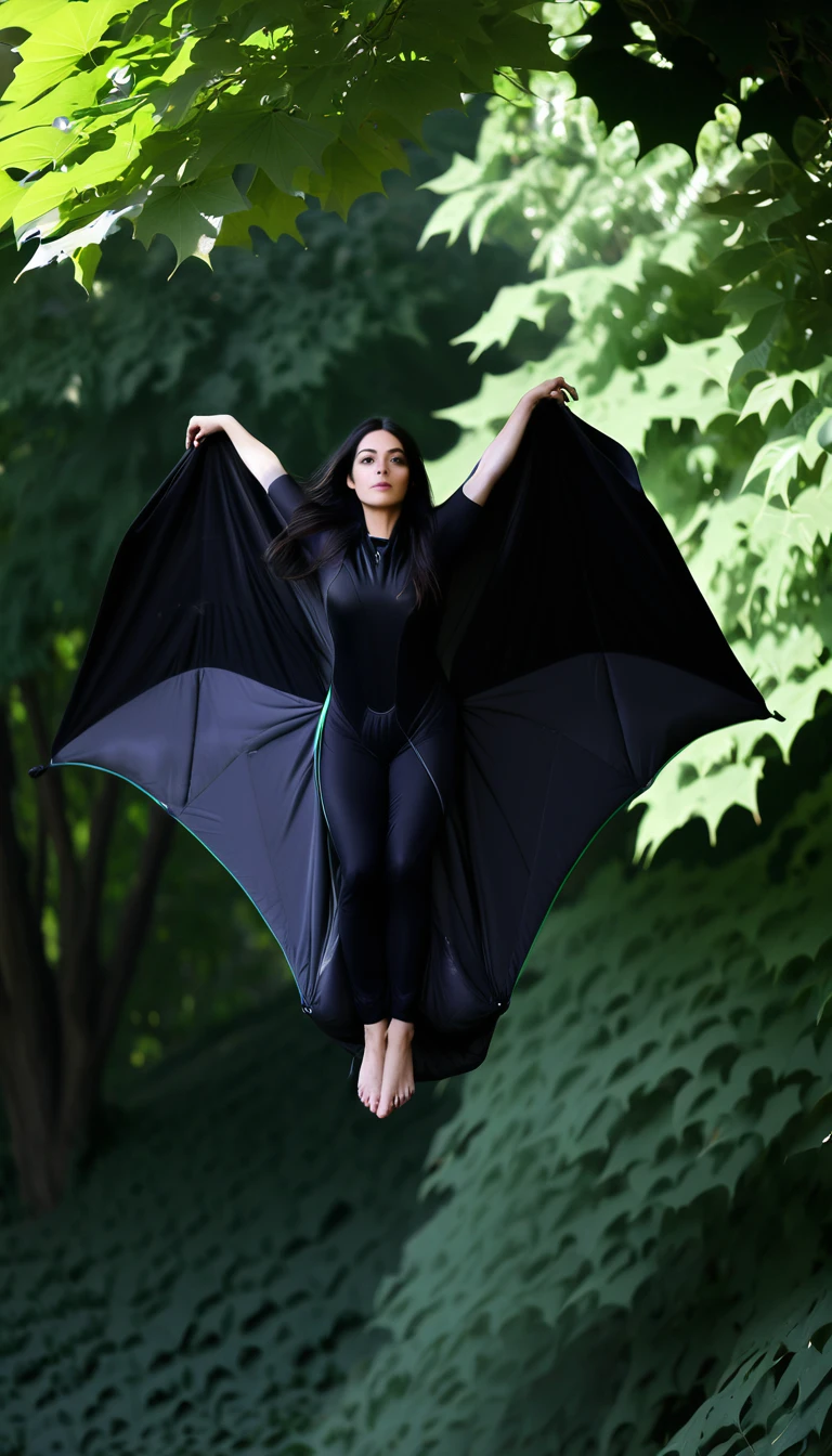 ((((Stealthy sophisticated))), 1girl, silhouette, flight, (((gargoyle wings, wingsuit:0.9))), dark eyes, pale skin, ((black hair, long hair, dark hair))), ((high contrast)), foliage, ((blurry surroundings)), ((mid flight)), shadowy eyes, ((vertical composition)), (checkingback), interesting pose