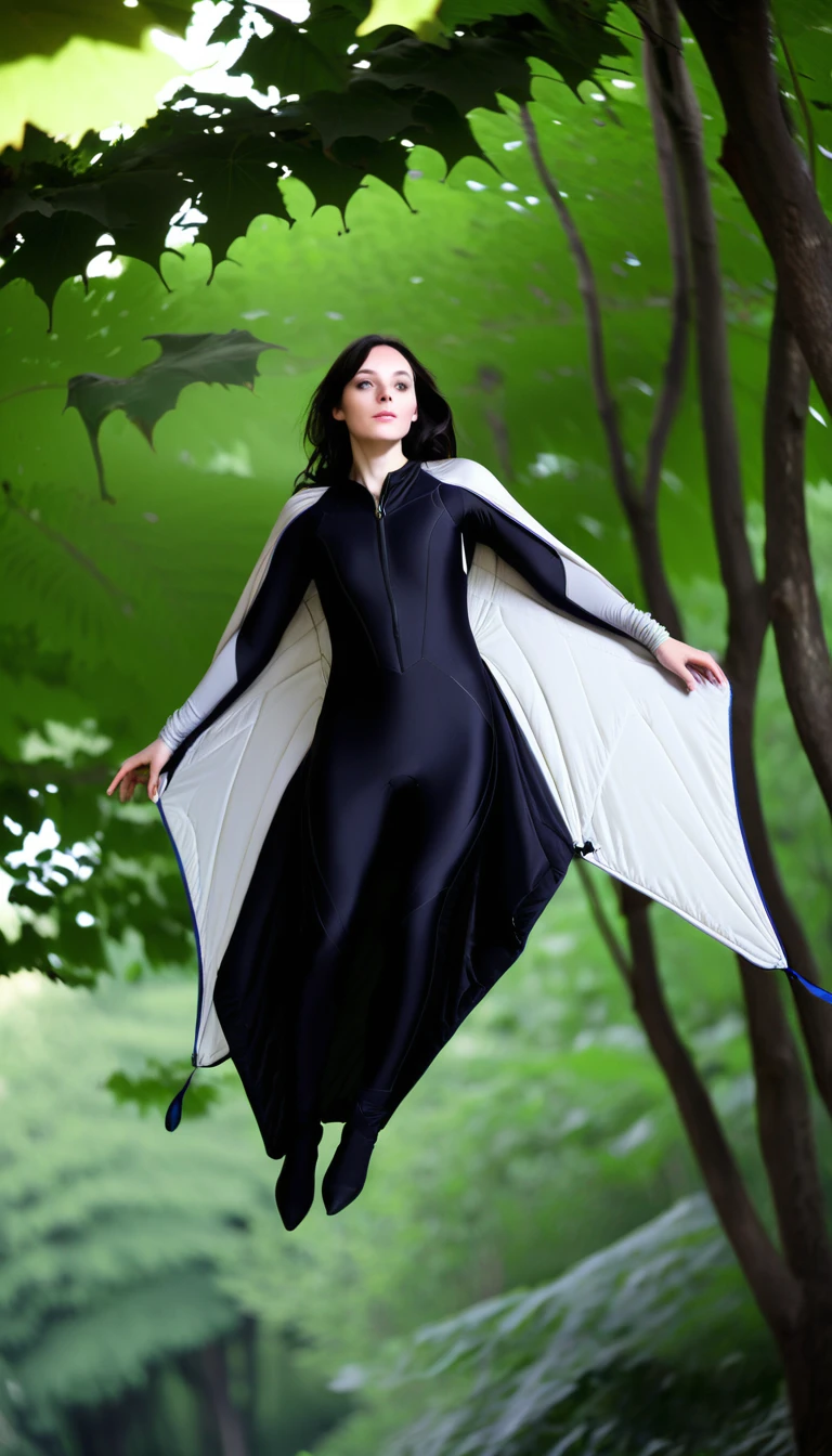 ((((Stealthy sophisticated))), 1girl, silhouette, flight, (((gargoyle wings, wingsuit:0.9))), dark eyes, pale skin, ((black hair, long hair, dark hair))), ((high contrast)), foliage, ((blurry surroundings)), ((mid flight)), shadowy eyes, ((vertical composition)), (checkingback), interesting pose