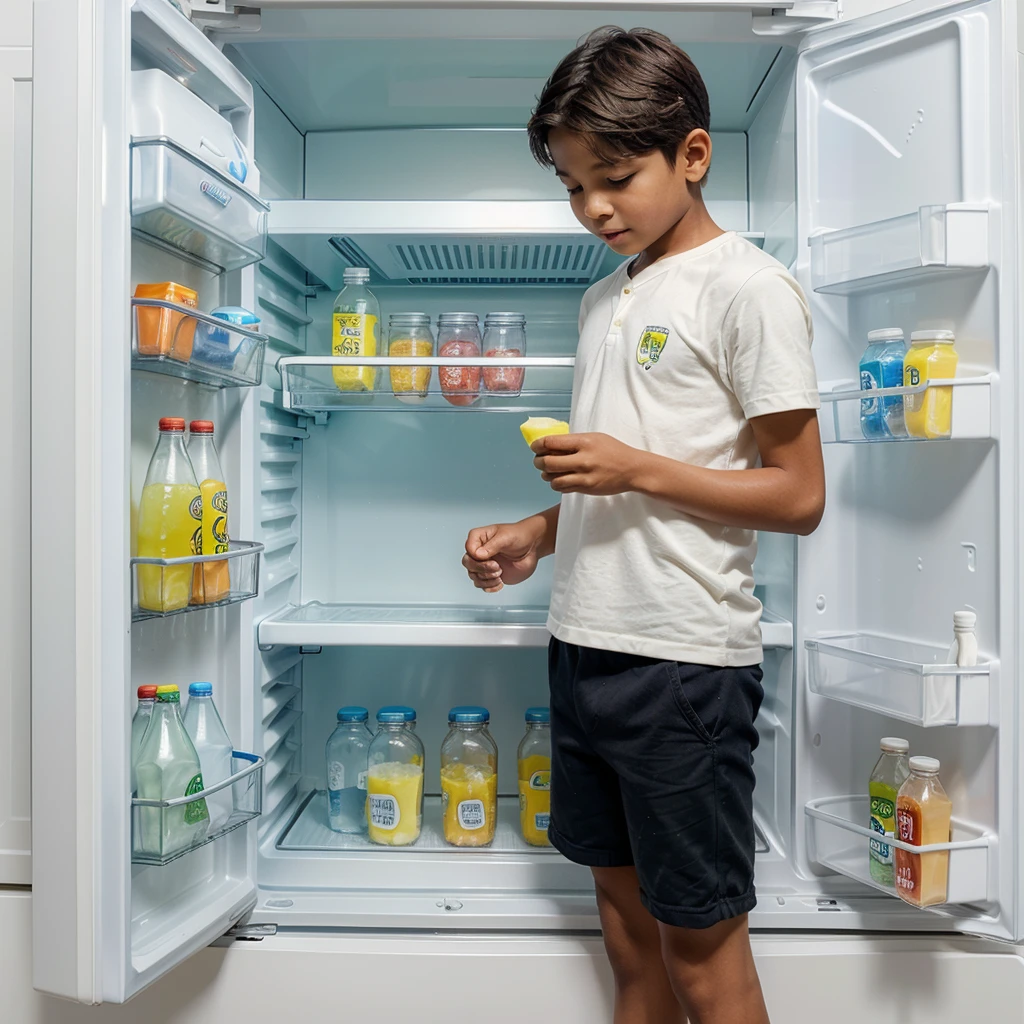 A boy is open a fridge for taking a lemonade water bottle to refresh his mind after playing