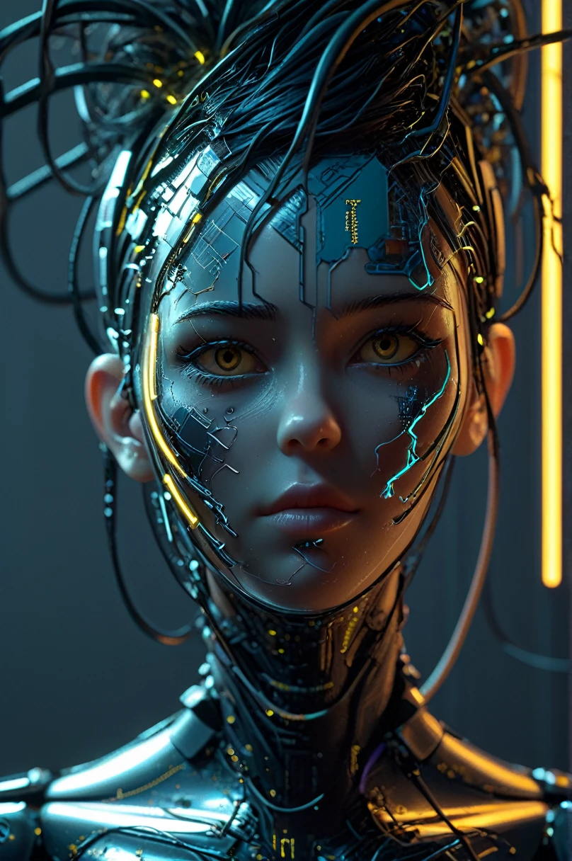Female cyborg head, Ralph McQuarrie, Aaron Horkey, Neon Yellow Lightning, Neon Teal Lightning, Neon magenta lightning, cable, wire, Synthwave, Vaporwave, retrofuturism, Circuit board, Dark future, Don MW15pXL, floating, Astral Gypliarism, (masterpiece:1.2), Highest quality, (Ultra-detailed, Most detailed:1.2), High resolution textures,