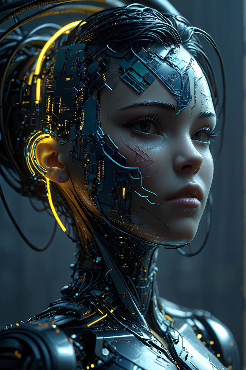 Female cyborg head, Ralph McQuarrie, Aaron Horkey, Neon Yellow Lightning, Neon Teal Lightning, Neon magenta lightning, cable, wire, Synthwave, Vaporwave, retrofuturism, Circuit board, Dark future, Don MW15pXL, floating, Astral Gypliarism, (masterpiece:1.2), Highest quality, (Ultra-detailed, Most detailed:1.2), High resolution textures,