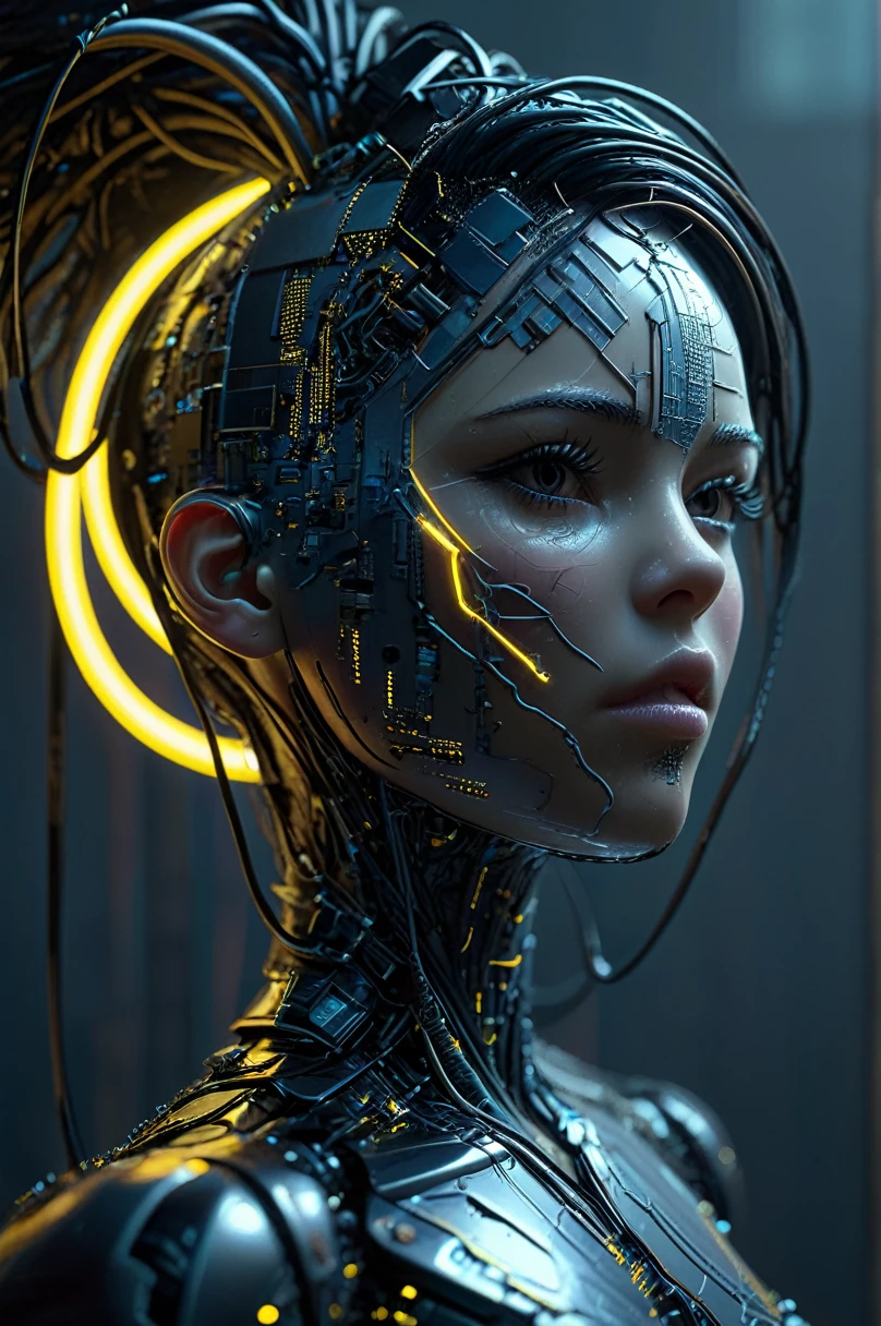 Female cyborg head, Ralph McQuarrie, Aaron Horkey, Neon Yellow Lightning, Neon Teal Lightning, Neon magenta lightning, cable, wire, Synthwave, Vaporwave, retrofuturism, Circuit board, Dark future, Don MW15pXL, floating, Astral Gypliarism, (masterpiece:1.2), Highest quality, (Ultra-detailed, Most detailed:1.2), High resolution textures,