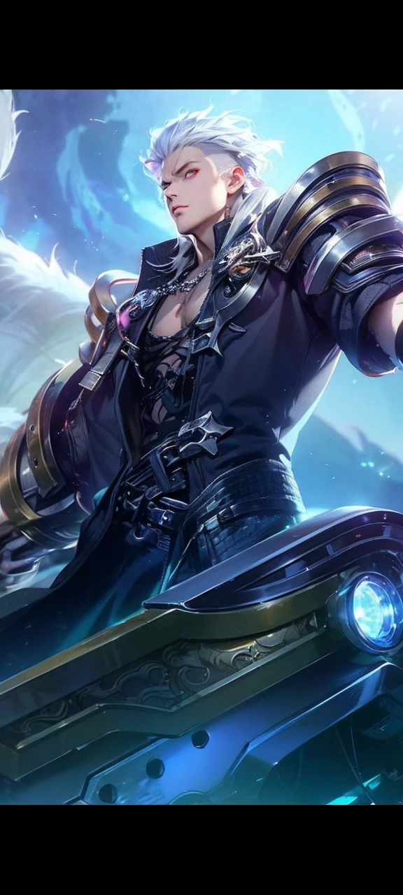 highest quality, 8K, high resolution image, anime style Jujutsu Kaisen, (Cell of Empireo/Seodoa Riddle), detailed strokes, bored look , blurred, purple light reflecting from it, (close angle), 1 man, young, male, model, hand in pocket,  cool guy, multicolored Background with various geometric shapes, around stickers, muscular, light purple hair, spiky hair ,swollen chest, Red Eyes, withe shirt, black sweater, sweatpants,
Background: big City, Streets, Park, People, blue sky, Cars, Bike
