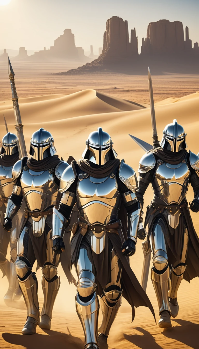 squads of warrior men with silver sabers in the desert, silver armor without helmet, with semicircle symbols, against the backdrop of an Arab city made of gold
