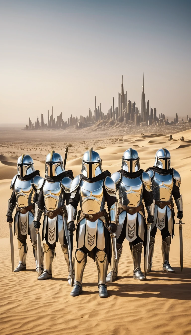 squads of warrior men with silver sabers in the desert, silver armor without helmet, with semicircle symbols, against the backdrop of an Arab city made of gold