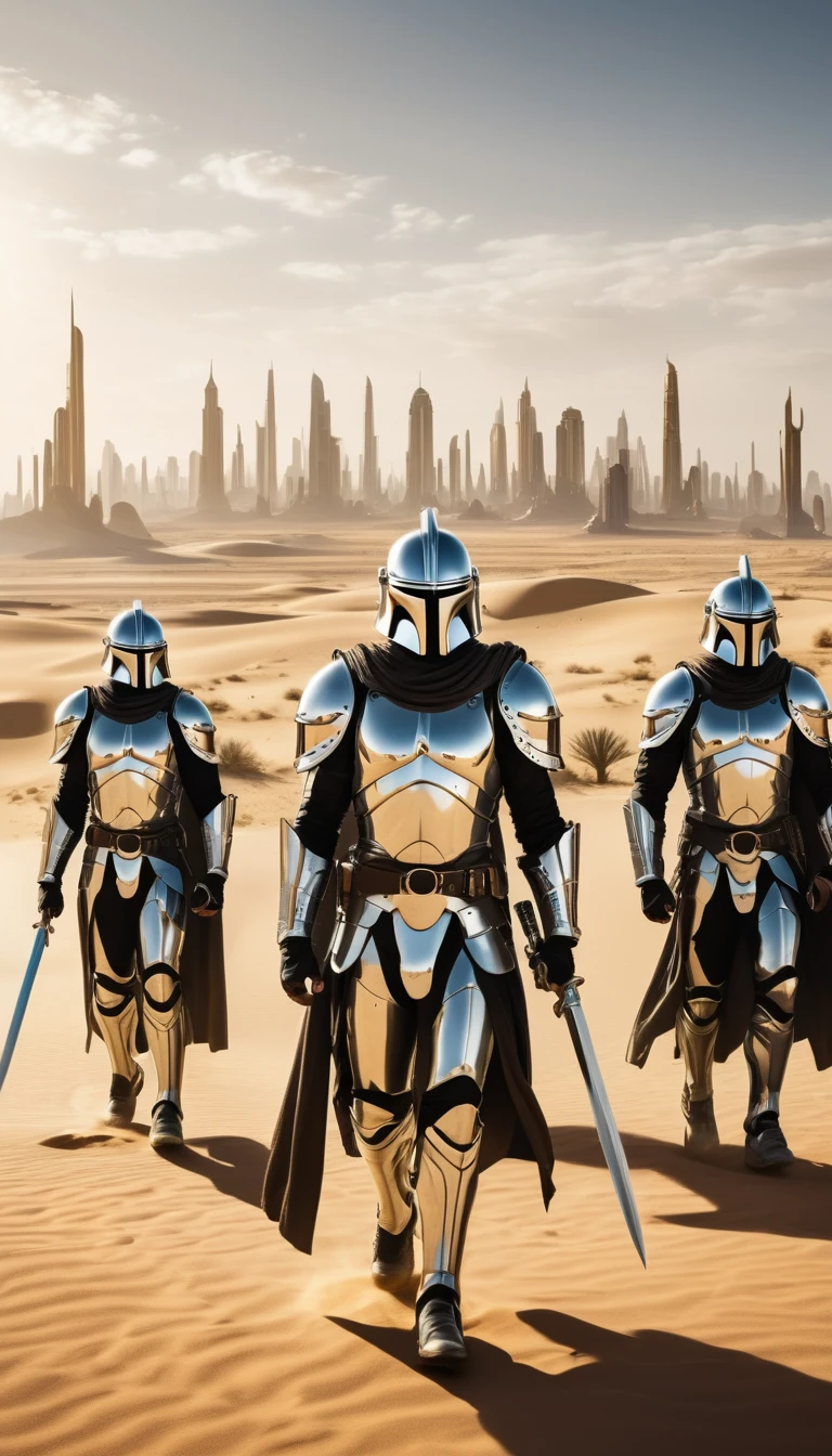 squads of warrior men with silver sabers in the desert, silver armor without helmet, with semicircle symbols, against the backdrop of an Arab city made of gold