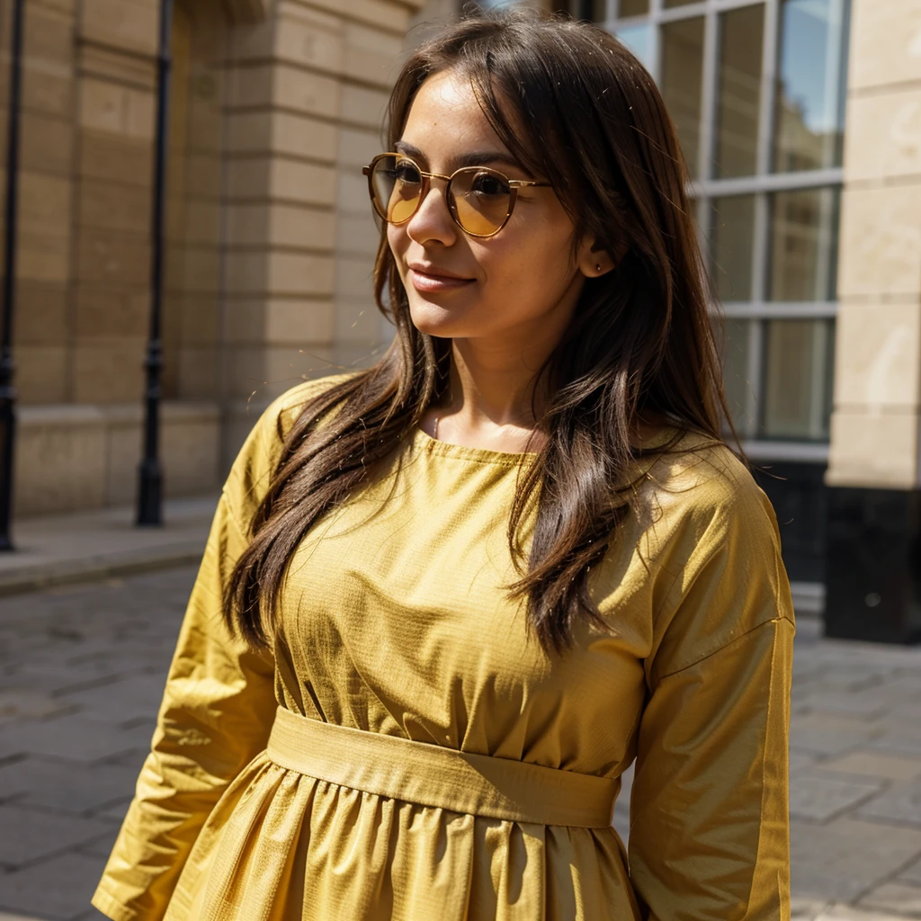 Dame mas imagenes de la mujer, en london, con gafas de sol, con vestido apretado