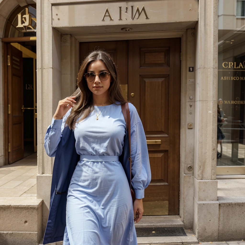 Dame mas imagenes de la mujer, en london, con gafas de sol, con vestido apretado