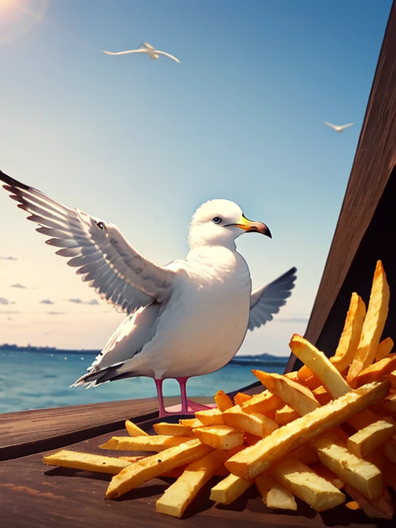 Seagull and Fries, UHD, retina, masterpiece, ccurate, anatomically correct, textured skin, super detail, high details, high quality, best quality, highres, 4K