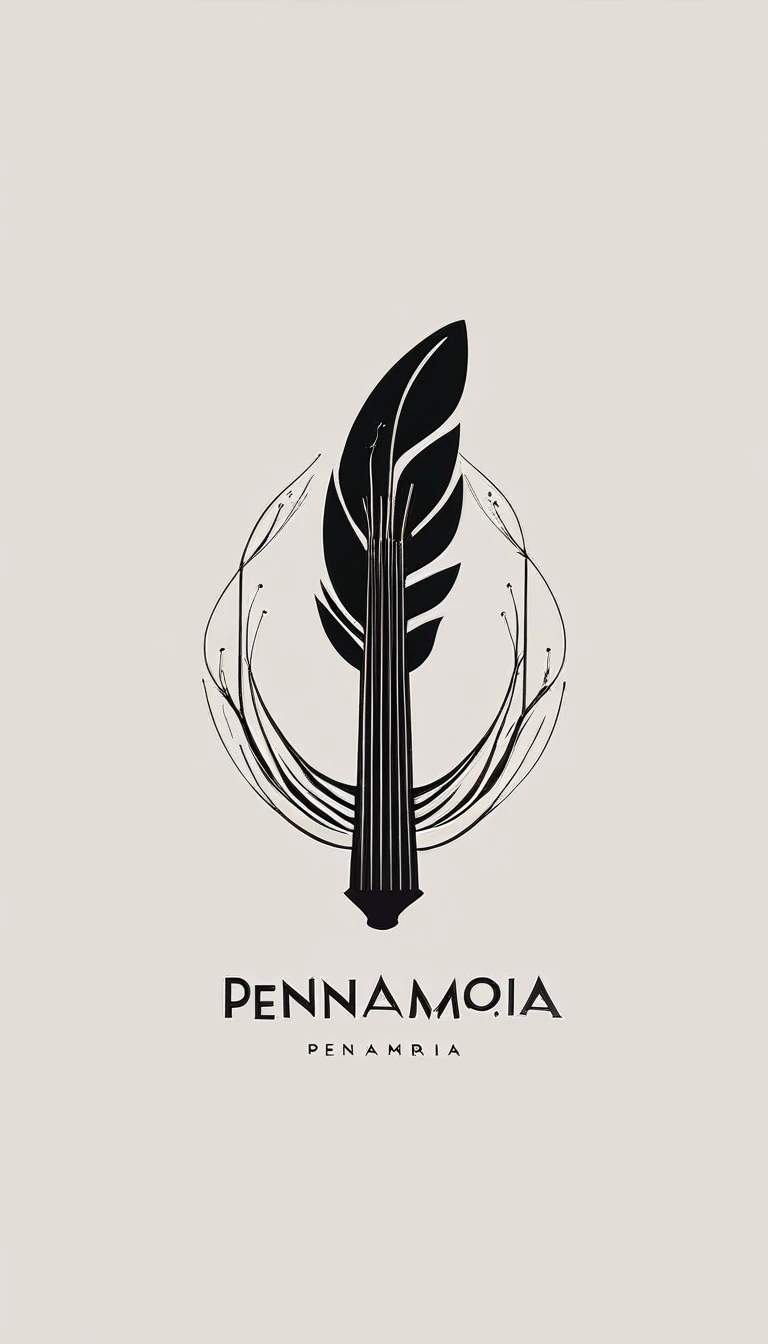 A minimal, modern, simple, cinematic logo design for the brand “Penamemoria". The logotype must be a simple, magical feather and a boy playing acoustic guitar. The logo must convey a sense of music, stories and dreams. Minimalistic logo design of a boy dissolving into a feather of dreams and memories