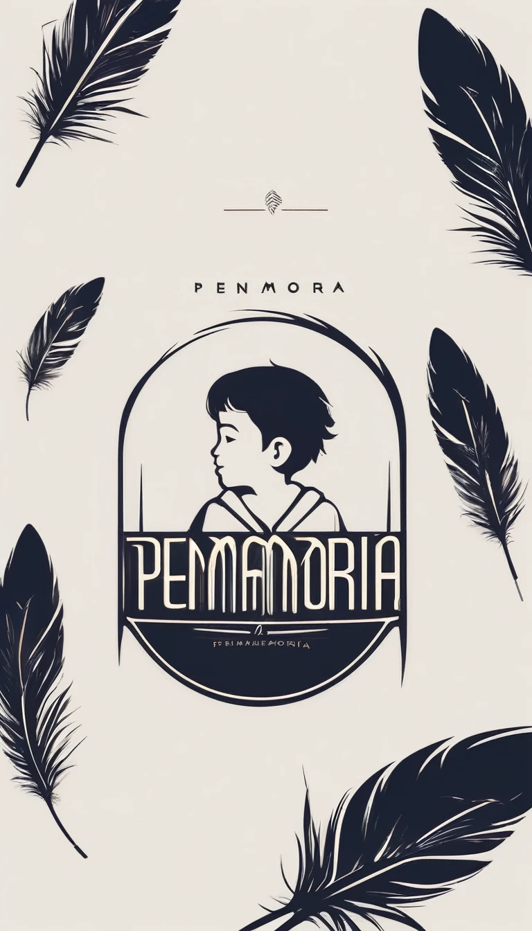 A minimal, modern, simple, cinematic logo design for the brand “Penamemoria". The logotype must be a simple, magical feather and a boy playing acoustic guitar. The logo must convey a sense of music, stories and dreams. Minimalistic logo design of a boy dissolving into a feather of dreams and memories