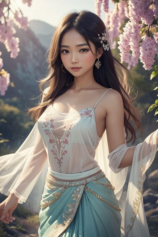 Watercolor paintingFull picture The body of the most beautiful Thai girl in her 30s is very detailed, playful, charming. See-through, light, flowing fabric. Like dancing in the wind, the soft pastel colors reminded her of the wild flowers that surrounded her. The bodice is form-fitting with intricate embroidery and light-filled beading. The skirt flowed with the layers rustling softly as she moved. The overall result is timeless elegance.