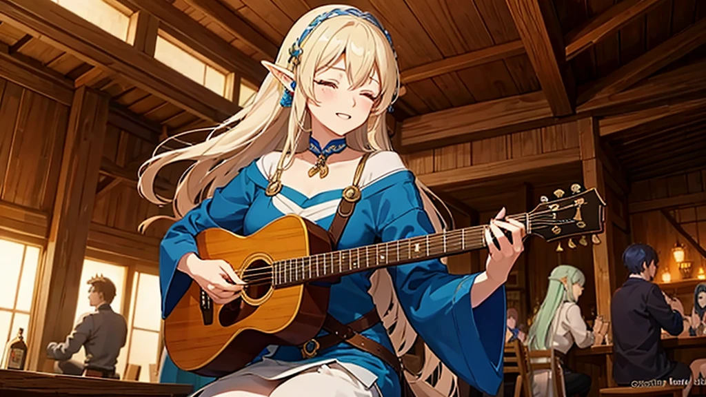 Anime Style,The medieval world,A lively bar with lots of people,Beautiful sky,Beautiful bard elf girl with closed eyes,guitar