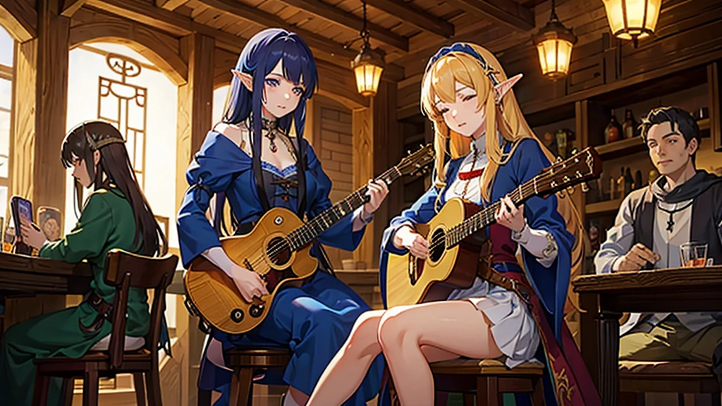 Anime Style,The medieval world,A lively bar with lots of people,Beautiful sky,Beautiful bard elf girl with closed eyes,guitar