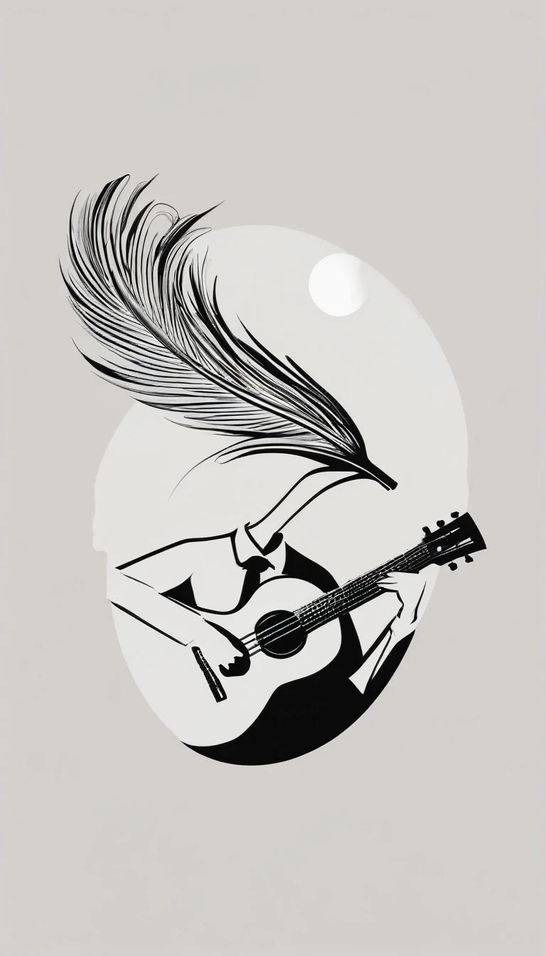 A minimal, modern, simple, cinematic logotype for the brand “Penamemoria". The logotype must be a simple, magical feather and a boy playing acoustic guitar. The logo must convey a sense of music, stories and dreams. Logo design impressed on a book cover. Minimalistic logo