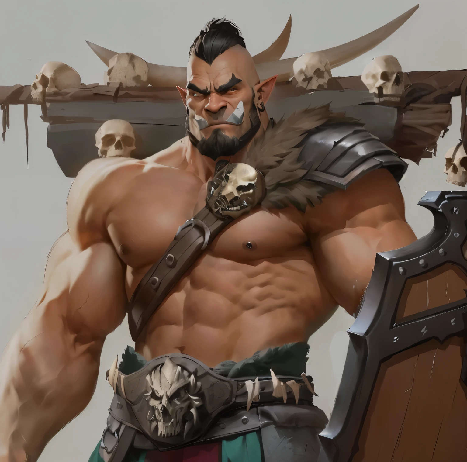 there is a man with a sword and a skull on his shoulder, grog strongjaw, barbarian class, berserker potrait, barbarian, portrait berserker barbarian, male barbarian, dog - faced muscular goblin, picture of an adult male warrior, barbarian warrior, portrait of an orc warrior, tyler edlin fantasy art, barbarian celebrate his birthday, concept art of a warrior