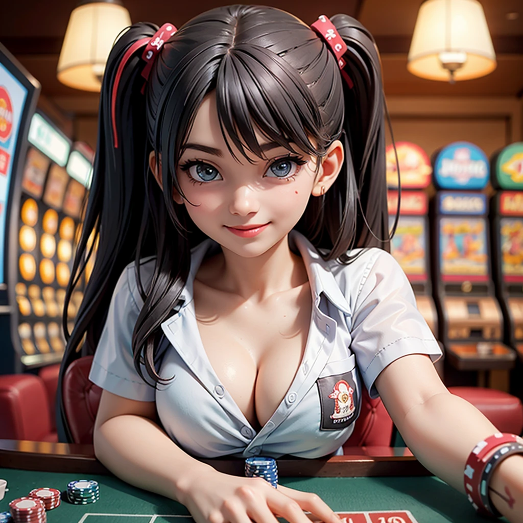 (masterpiece, best quality, high resolution), 19 years old, indonesia school girls, standing and teasing, perfect eyes, indonesia face, smile, laugh, mix colour hair, colourfull casino, poker, gambling, slot machine, baccarat, roulette, customer service, flirting you