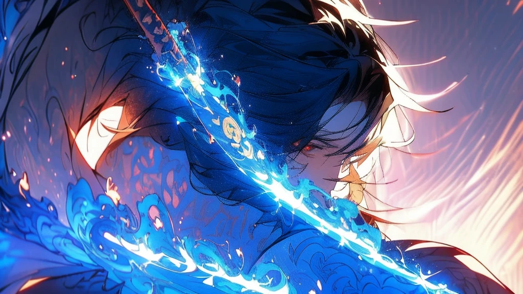 Close-up of a man，With eyes full of determination，handsome portrait，It has a manly taste，Man Gwitz，Guviz style artwork，White-haired God，Yang Jay，Guvitz on Pixiv Art Station。Anime character armed with a sword and blue light, Keqing from Genshin Impact Impact, 詳細なKey Anime Art, Handsome man in demon killer art, Genshin Impact impact's character, Detailed digital anime art, Genshin Impact, Key Anime Art, Detailed Anime Character Art, Amazing anime 8k, nagito komaeda, Spectacular artwork of anime, Anime fantasy illustration