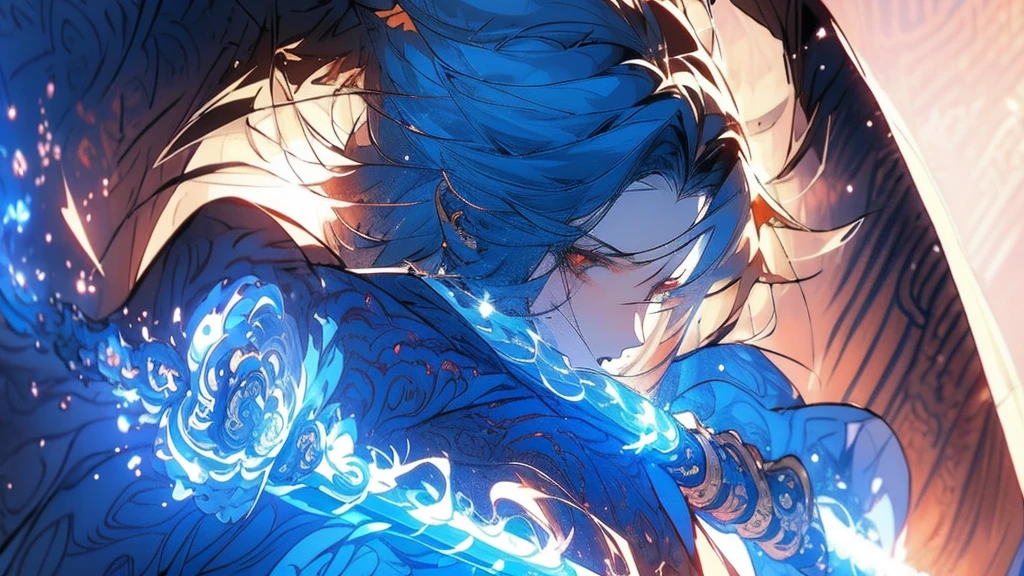 Close-up of a man,With eyes full of determination,handsome portrait,It has a manly taste,Man Gwitz,Guviz style artwork,White-haired God,Yang Jay,Guvitz on Pixiv Art Station。Anime character armed with a sword and blue light, Keqing from Genshin Impact Impact, 詳細なKey Anime Art, Handsome man in demon killer art, Genshin Impact impact's character, Detailed digital anime art, Genshin Impact, Key Anime Art, Detailed Anime Character Art, Amazing anime 8k, nagito komaeda, Spectacular artwork of anime, Anime fantasy illustration