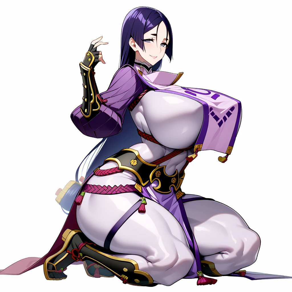 1girl,solo,perfect,high quality,faultless,
raikou, raikou, parted bangs, purple eyes, purple hair, long hair, hime cut, forehead, mature female,
arm guards, armor, black gloves, bodysuit, fingerless gloves, gloves, japanese armor, kote, loincloth, purple bodysuit, ribbed sleeves, tabard, toned,mother,maternal,maternal instinct,Super huge breasts,whipped thighs,smile,soft expression,full body,looking at viewer,SFW,white background