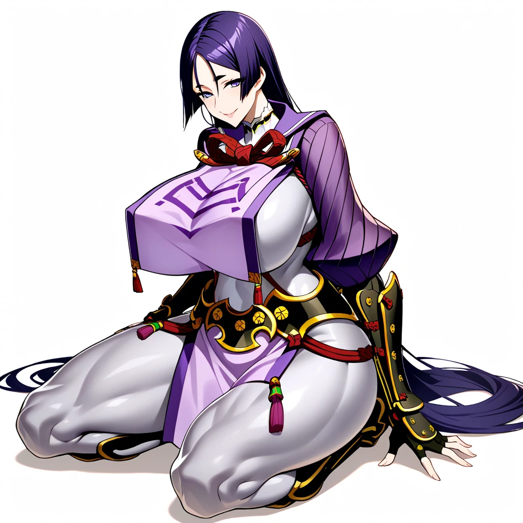 1girl,solo,perfect,high quality,faultless,
raikou, raikou, parted bangs, purple eyes, purple hair, long hair, hime cut, forehead, mature female,
arm guards, armor, black gloves, bodysuit, fingerless gloves, gloves, japanese armor, kote, loincloth, purple bodysuit, ribbed sleeves, tabard, toned,mother,maternal,maternal instinct,Super huge breasts,whipped thighs,smile,soft expression,full body,looking at viewer,SFW,white background