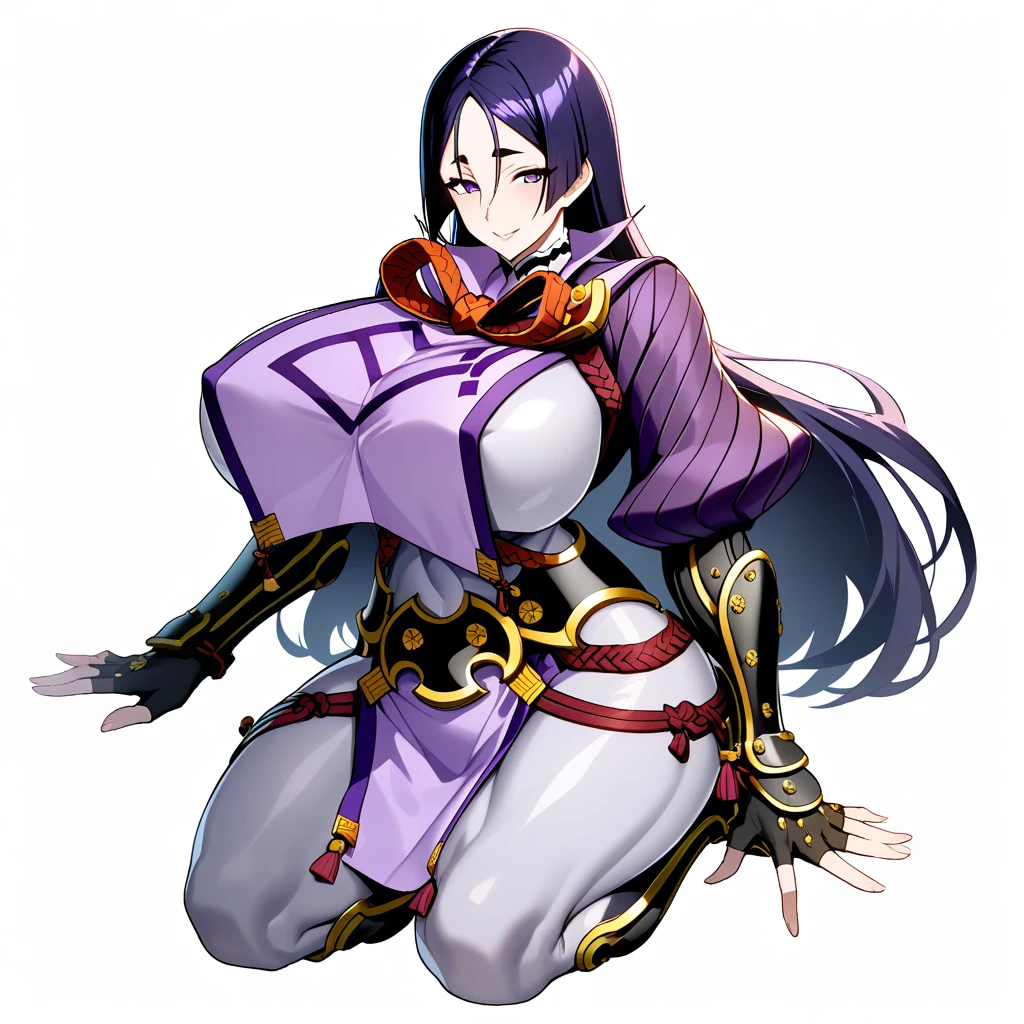 1girl,solo,perfect,high quality,faultless,
raikou, raikou, parted bangs, purple eyes, purple hair, long hair, hime cut, forehead, female,
arm guards, armor, black gloves, bodysuit, fingerless gloves, gloves, japanese armor, kote, ncloth, purple bodysuit, ribbed sleeves, tabard, toned,mother,maternal,maternal instinct,Super huge breasts,wthighs,smile,soft expression,full body,looking at viewer,SFW,white background