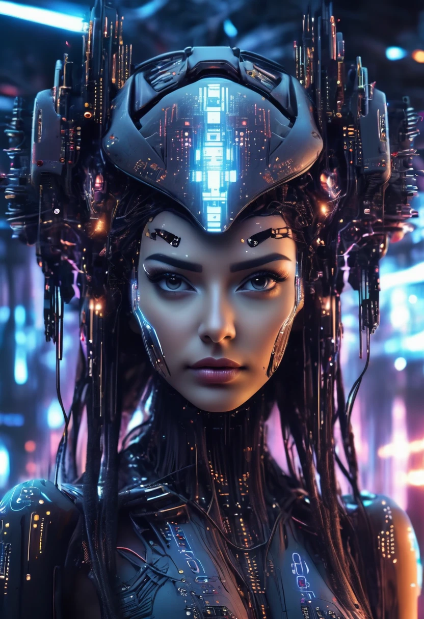 Woman with futuristic headdress and futuristic face, Integrates seamlessly with computer chips and wires, Spaceship control background, Cyberpunk Style