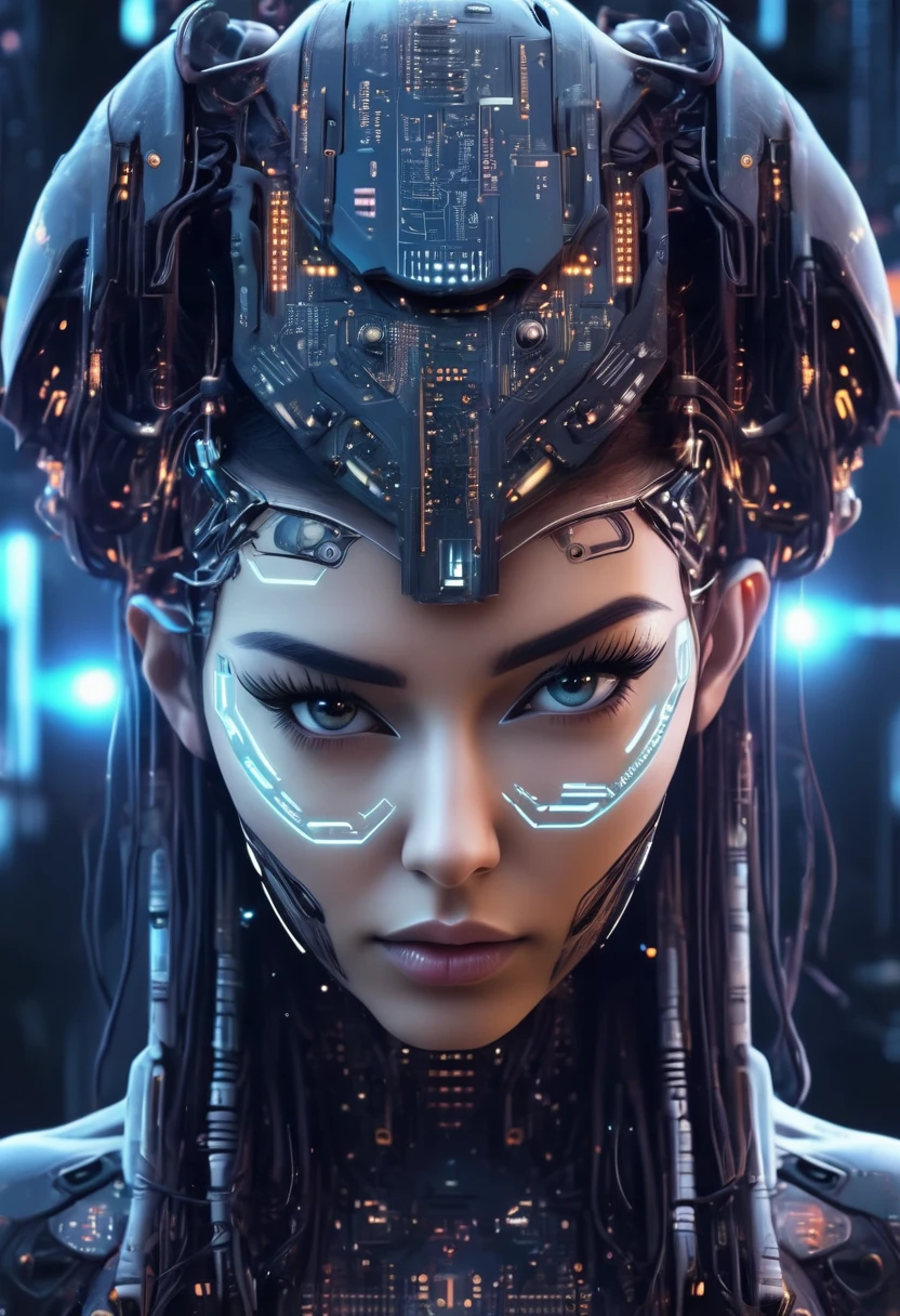 Woman with futuristic headdress and futuristic face, Integrates seamlessly with computer chips and wires, Spaceship control background, Cyberpunk Style