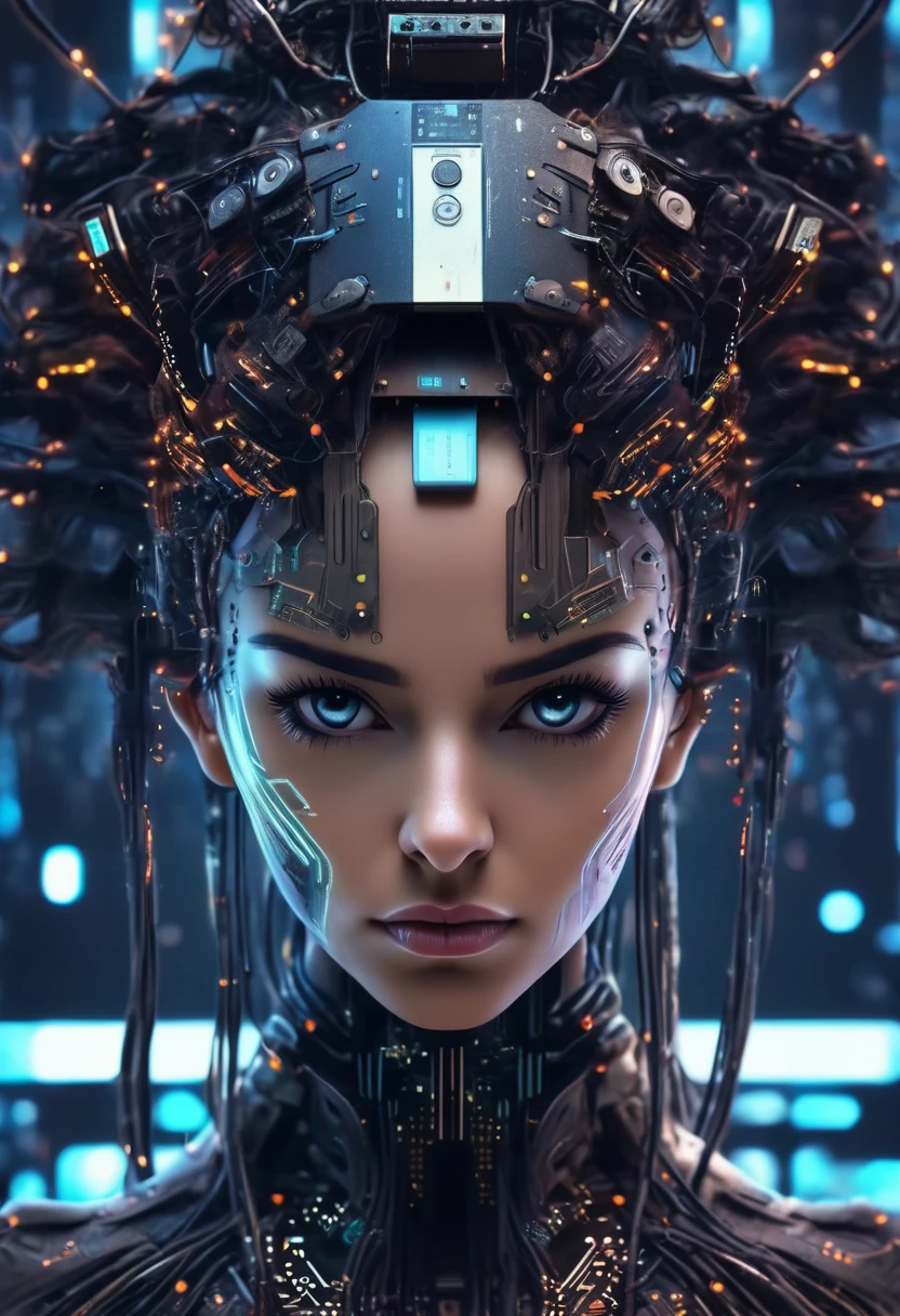 Woman with futuristic headdress and futuristic face, Integrates seamlessly with computer chips and wires, Spaceship control background, Cyberpunk Style