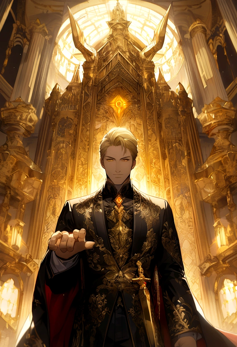 Mature handsome boy、blond hair、Golden mighty dragon horn、Golden Eyes、gem pupil，dragon pupils、Handsome robe、Elegant smile、Gentleman&#39;s demeanor、Royal palace background、A golden dagger hovering on the fingertips