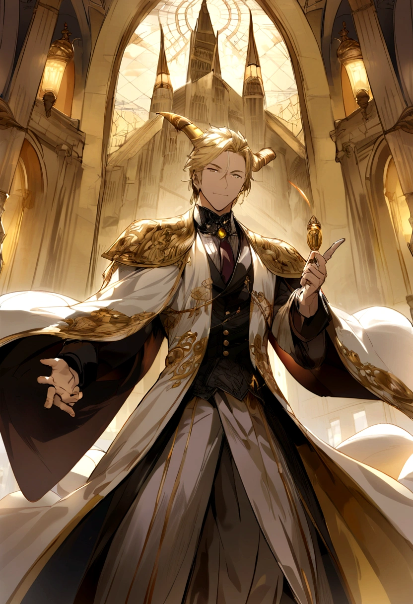 Mature handsome boy、blond hair、Golden mighty dragon horn、Golden Eyes、gem pupil，dragon pupils、Handsome robe、Elegant smile、Gentleman&#39;s demeanor、Royal palace background、A golden dagger hovering on the fingertips