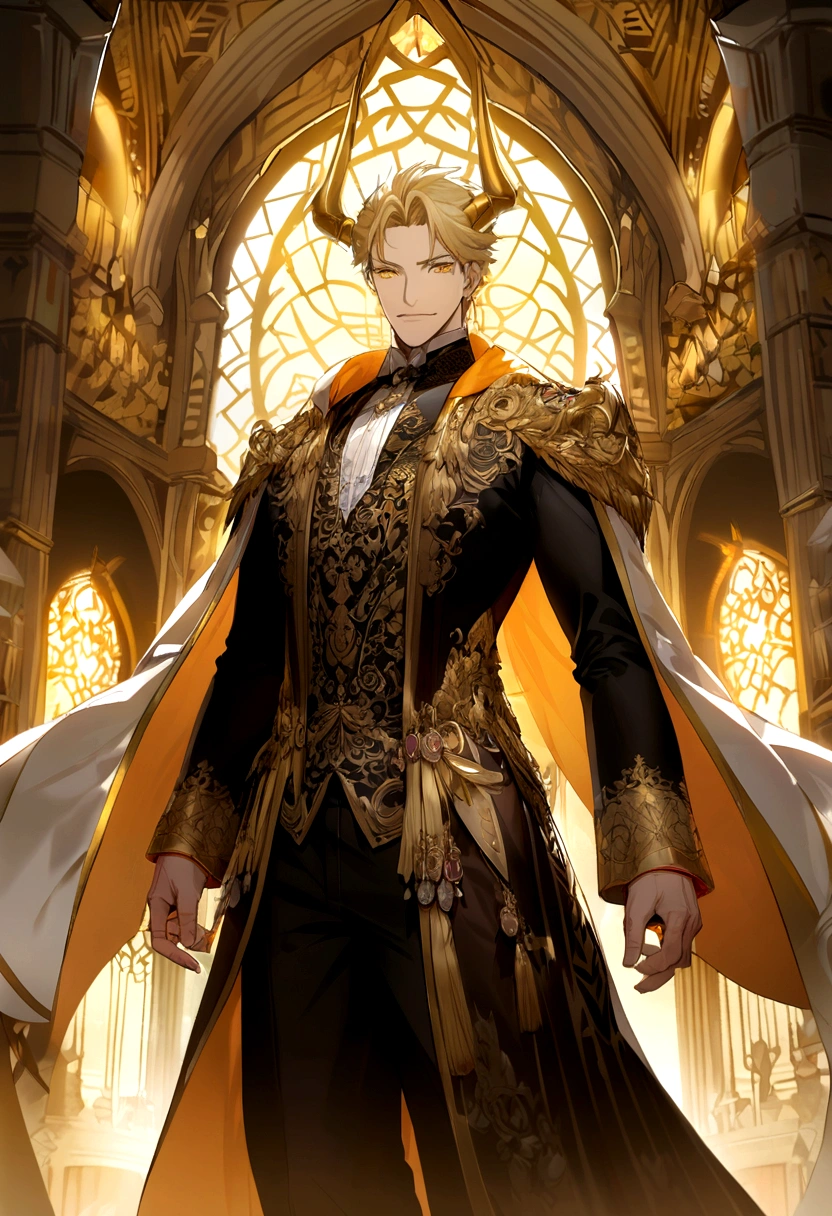 Mature handsome boy、blond hair、Golden mighty dragon horn、Golden Eyes、gem pupil,dragon pupils、Handsome robe、Elegant smile、Gentleman's demeanor、Royal palace background、A golden dagger hovering on the fingertips