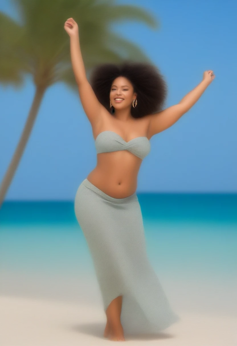 Full figured African-American female 
Scene: Imagine a vibrant beach scene with clear blue skies and turquoise water lapping at the shore. Palm trees sway gently in the breeze.
Model:  She's let loose and is twirling on the beach with her arms outstretched, catching the sunlight. Her hair flows freely in the motion, showcasing her playful side.
Attire:  She's wearing a flowy sarong dress in a tropical print with palm leaves or flowers. The dress should be made of a lightweight, breathable fabric like chiffon and features a bold, eye-catching print that complements her skin tone and the beach setting.
Accessories: To complete the look, she can accessorize with a pair of statement earrings and a few colorful bangles. Opt for waterproof accessories to avoid any mishaps on the beach.
