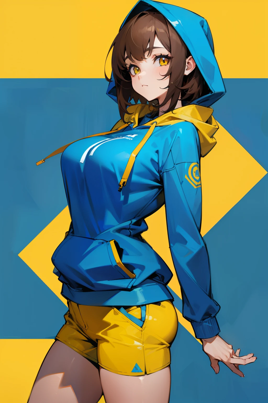 Girl, brown hair, yellow eyes, cool features, blue hoodie, blue hoodie, short pants, big breasts