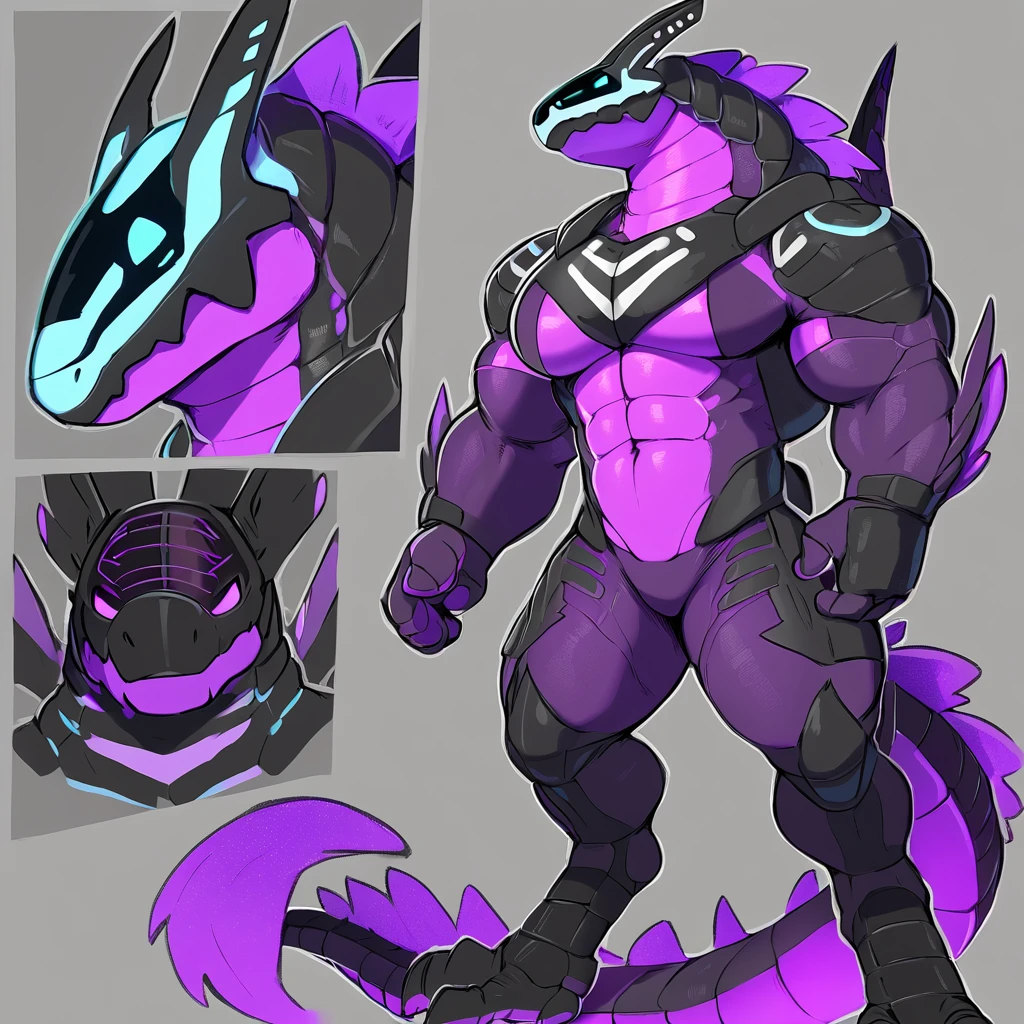 synth head, synth (species), synth_(vader-san), cyber synth anthro, bara, muscular, barazoku, bara body type, huge pecs, detailed muscles, very muscular, huge arms, defined muscles, thick thighs, accurate anatomy, white black and purple color scheme, color harmony, color theory, glowing details, high resolution, clear focus, high detail, complex details, clear focus, super detailed, 8K, colorful, vivid color, digital art, artificial, robotic, flat colors, refsheet, unique character, unique character concept, strong jaw, thick thighs, giant biceps, huge hairy pecs, muscular, big tail,full body, detailed hands, detailed eyes, detailed face, detailed arms,anthro, muscular, abs, (detailed:1.5), male, 8k hd, by daftpatriot, by dacad, by zackary911,