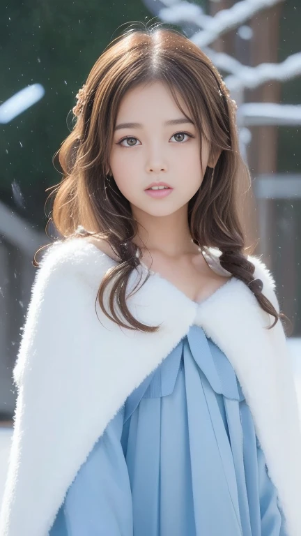 (Highest quality, 8k, 32K，The details are very clear),Realistic, High resolution, 1. Japanese women, alone, (Lolita Costume)，Gorgeous costumes，Facing the audience，(Upper Body，Upper limbs)， Beautiful Eyes, Brown Hair, Ring-shaped eyes, (outside，Heavy snowfall，Thick fur cape，covered with snow)，Snow Field，blue eyes，Highest qualityのイラスト，Detailed facial features