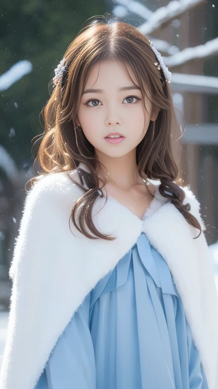 (Highest quality, 8k, 32K，The details are very clear),Realistic, High resolution, 1. Japanese women, alone, (Lolita Costume)，Gorgeous costumes，Facing the audience，(Upper Body，Upper limbs)， Beautiful Eyes, Brown Hair, Ring-shaped eyes, (outside，Heavy snowfall，Thick fur cape，covered with snow)，Snow Field，blue eyes，Highest qualityのイラスト，Detailed facial features