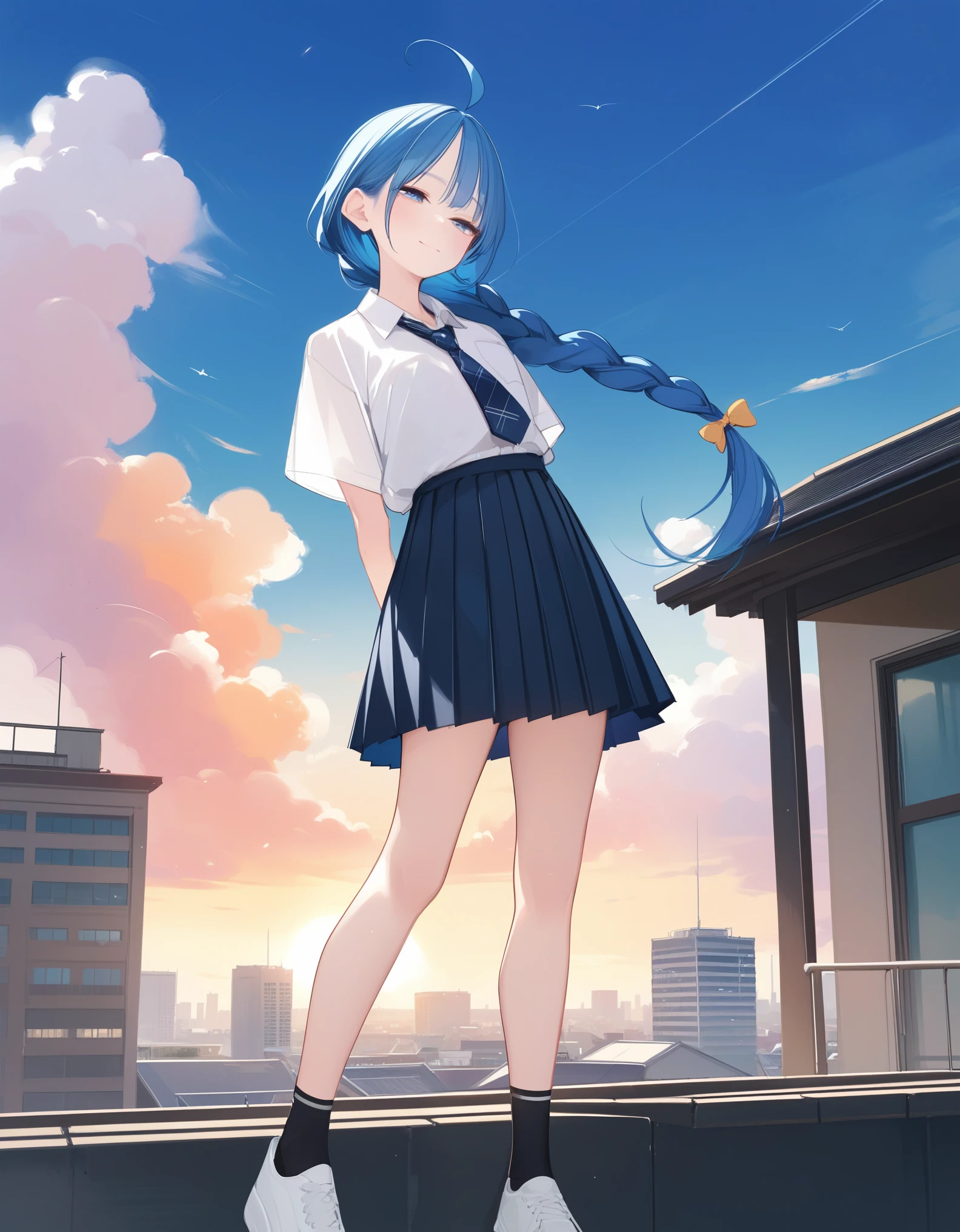 score_9,score_8_up,score_7_up,score_6_up, hadrian, hd5,ama_mitsuki,1 thin/ skinny/ very long hair/ (pale skin)/ body blush/  student teenage,ahoge,braid,blue hair,  roof,school,cityscape, horizon,cloudy sky, small hair,from below,pleated skirt, light smile, arms behind back, sunset,closed mouth, half-closed eyes,