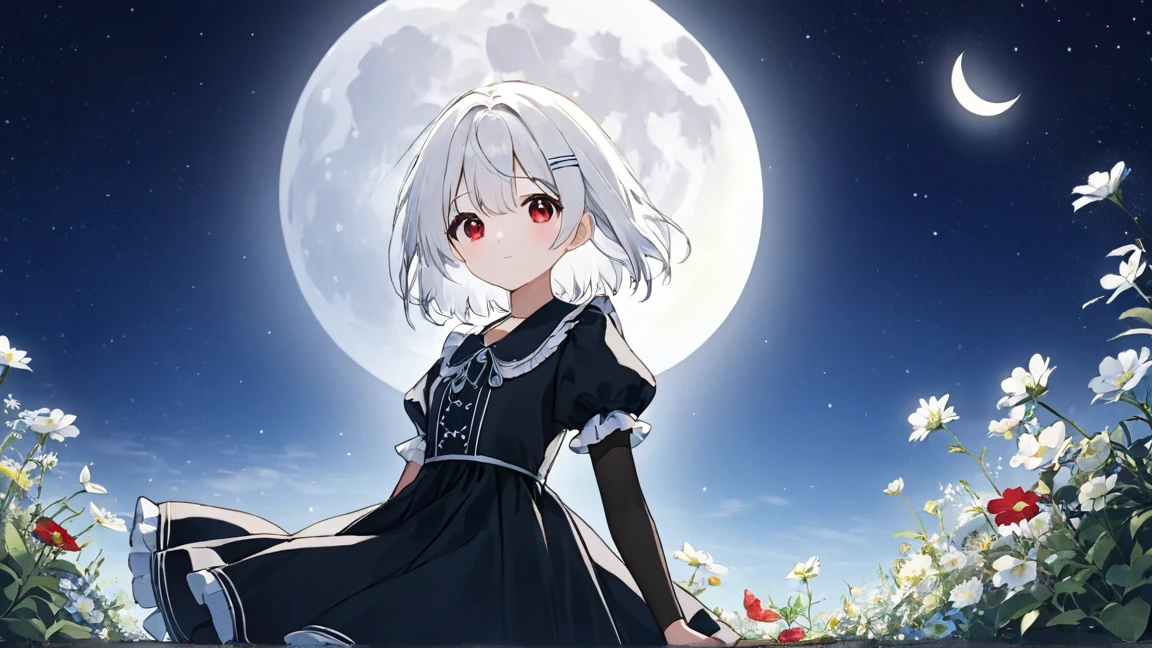 (masterpiece, Highest quality:1.2), shape, Absurd, High resolution, Very detailed, 1. , Short white hair, Red eyes, Eye highlights, dress, Puff short sleeves, Frills, Outdoor, flower, 舞い散るflowerびら, Upper Body, (moon:1.2), night, Depth of written boundary, (:d:0.8),（Black Pantyhose）