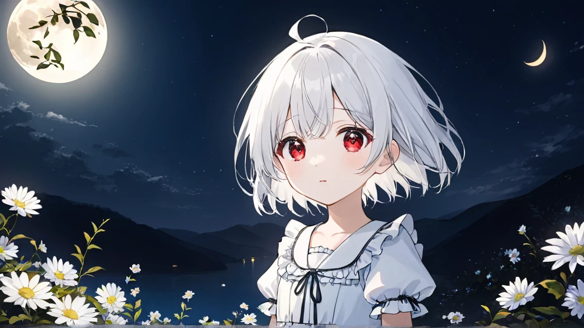 (masterpiece, Highest quality:1.2), shape, Absurd, High resolution, Very detailed, 1. , Short white hair, Red eyes, Eye highlights, dress, Puff short sleeves, Frills, Outdoor, flower, 舞い散るflowerびら, Upper Body, (moon:1.2), night, Depth of written boundary, (:d:0.8),（Black Pantyhose）