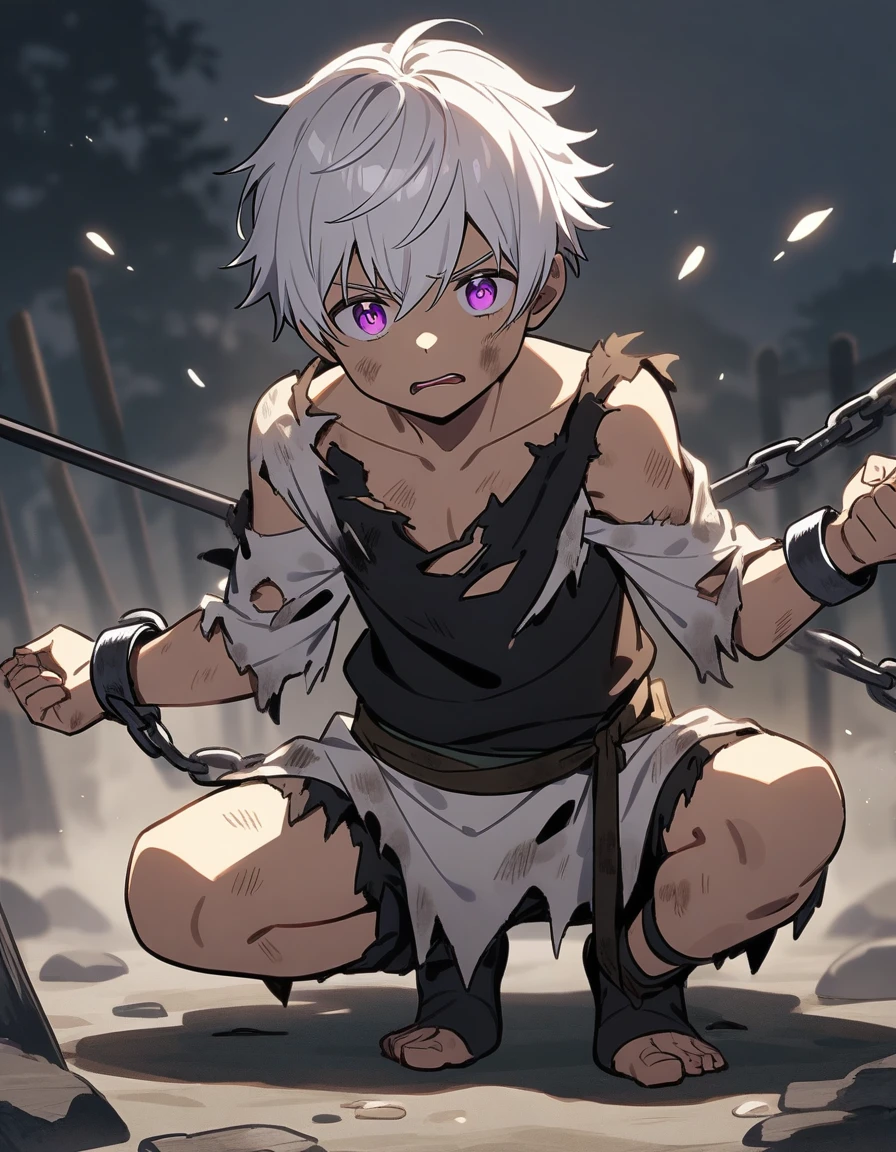  Greek boy with white hair, with violet eyes, with torn and dirty clothes, on his knees with open arms and chained to two stakes