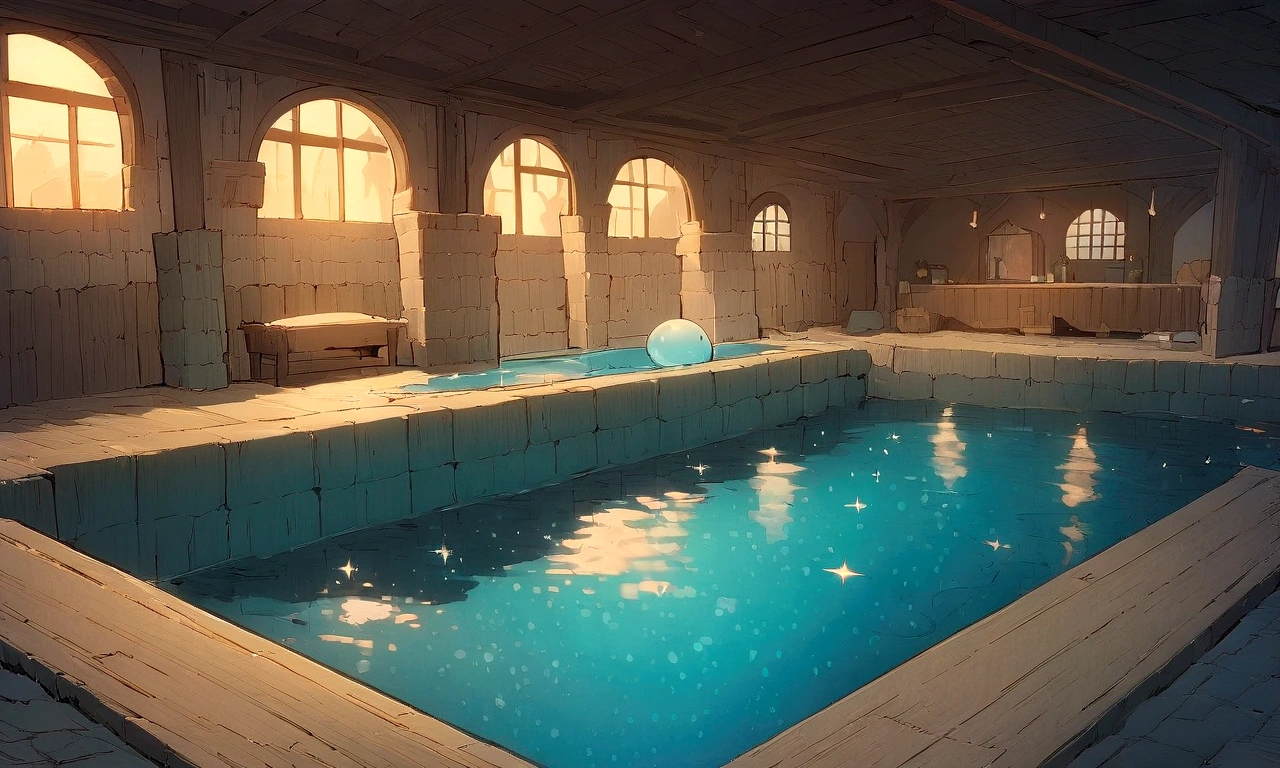 ((((masterpiece, Highest quality, High resolution)))), High detail, manga,anime,Illustration Style,Great use of color,Ghibli Studio Colors, The fantasy world of medieval Europe, Holiday home with pool, Starry Sky, Beautiful indoor small hot spring pool、Sparkling water gushes forth in the moonlight., Large space,No humans, RPG-like scenery, 空は満天のStarry Skyで、Blue and beautiful, And the crescent moon shines brightly, Creates a magical and comfortable atmosphere, The night is quiet and magical.