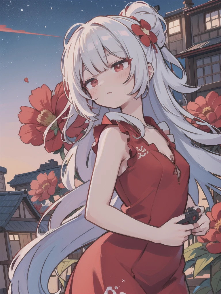 (One Woman:1.1), girl (gun, gunatyou:1.2), (Target your audience,handgun,拳gunの所持:1.2), Curl the inside of your hair, Silver Hair, Floating Hair, ((Red flower, Red dress:1.3)),Red eyes (beautiful, Fine grain), (Symmetrical eyes), (Enlarge and accentuate the eyes:1.1), Flat Chest (From the side), buildingの屋上, blue sky, cloud, night, beautiful sky, building, far, moonlight, (masterpiece:1), (shape), (Highest quality:1), (Best aesthetics), (beautiful art:1), (Very detailed:1), (8k), (High resolution), (Sharp focus), (complicated)