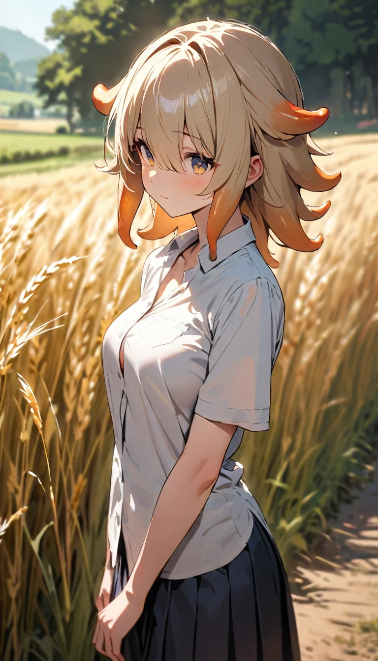 ((Top Quality)), ((Masterpiece)), (Detail), high resolution, Perfect Face, Fine Eyes, Depth of Field, Special Shading, cowboy shot, (1 Beautiful girl), medium breasts, (wheat beige hair, tentacle hair, hair flaps, hair over eyes)), , dress shirt, pleated skirt, Scenery of the countryside, 