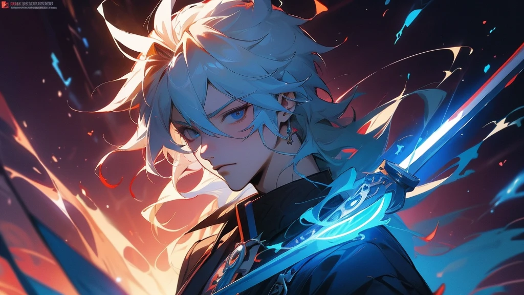 Close-up of a man,With eyes full of determination,handsome portrait,It has a manly taste,Man Gwitz,Guviz style artwork,White-haired God,Yang Jay,Guvitz on Pixiv Art Station。Anime character armed with a sword and blue light, Keqing from Genshin Impact Impact, 詳細なKey Anime Art, Handsome man in demon killer art, Genshin Impact impact's character, Detailed digital anime art, Genshin Impact, Key Anime Art, Detailed Anime Character Art, Amazing anime 8k, nagito komaeda, Spectacular artwork of anime, Anime fantasy illustration