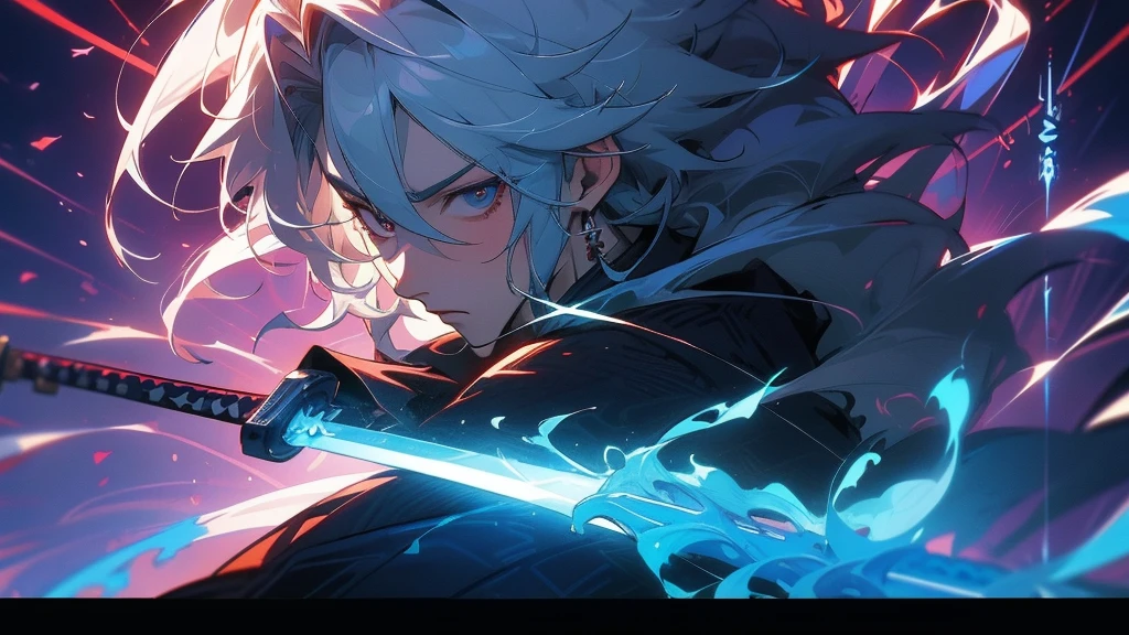 Close-up of a man，With eyes full of determination，handsome portrait，It has a manly taste，Man Gwitz，Guviz style artwork，White-haired God，Yang Jay，Guvitz on Pixiv Art Station。Anime character armed with a sword and blue light, Keqing from Genshin Impact Impact, 詳細なKey Anime Art, Handsome man in demon killer art, Genshin Impact impact's character, Detailed digital anime art, Genshin Impact, Key Anime Art, Detailed Anime Character Art, Amazing anime 8k, nagito komaeda, Spectacular artwork of anime, Anime fantasy illustration