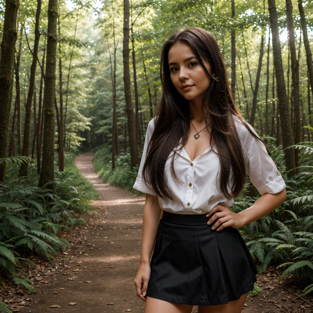 1girl in, 30 years old, Square face, Long hair, Looking at viewer, jewelry, Reality, Sexy, Short skirt outfit, , forest background, free pose
