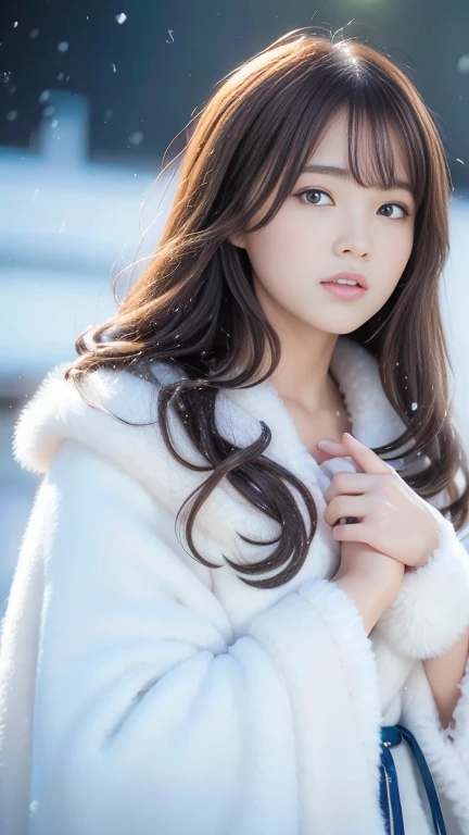 (Highest quality, 8k, 32K，The details are very clear),Realistic, High resolution, 1. Japanese women, alone, (Lolita Costume)，Gorgeous costumes，Facing the audience，(Upper Body，Upper limbs)， Beautiful Eyes, Brown Hair, Ring-shaped eyes, (outside，Heavy snowfall，Thick fur cape，covered with snow)，Snow Field，blue eyes，Highest qualityのイラスト，Detailed facial features