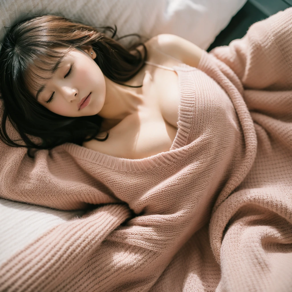 masterpiece, Highest quality, 8 QHD, Realistic, One Girl, Young and sexy gravure idol, Correct human finger, (Japanese Girls), cute, Girlish, Delicate girl, Pure beauty, 1 Female, alone, Detailed face, (Drunk Eyes ), (Embarrassing :1.2),One Girl, Age 25, Bedroom ,((Sleeping in bed)), Off-the-shoulder sweater, High resolution、(Detailed faceの特徴), ((Lie in)),(Depth of written boundary, Portraiture),(From above), (Upper Body), ((Beautiful breasts)),((Dim Light)),((Film Grain)), ((Single-lens reflex camera)),(( 35mm lens focal length)), (Focus Face),(( Mouth half open)), (((Half closed eyes))),whole body, From head to thighs, Cleavage,((Sleeping on your back, angle looking down From above)),((Looking up at the viewer))